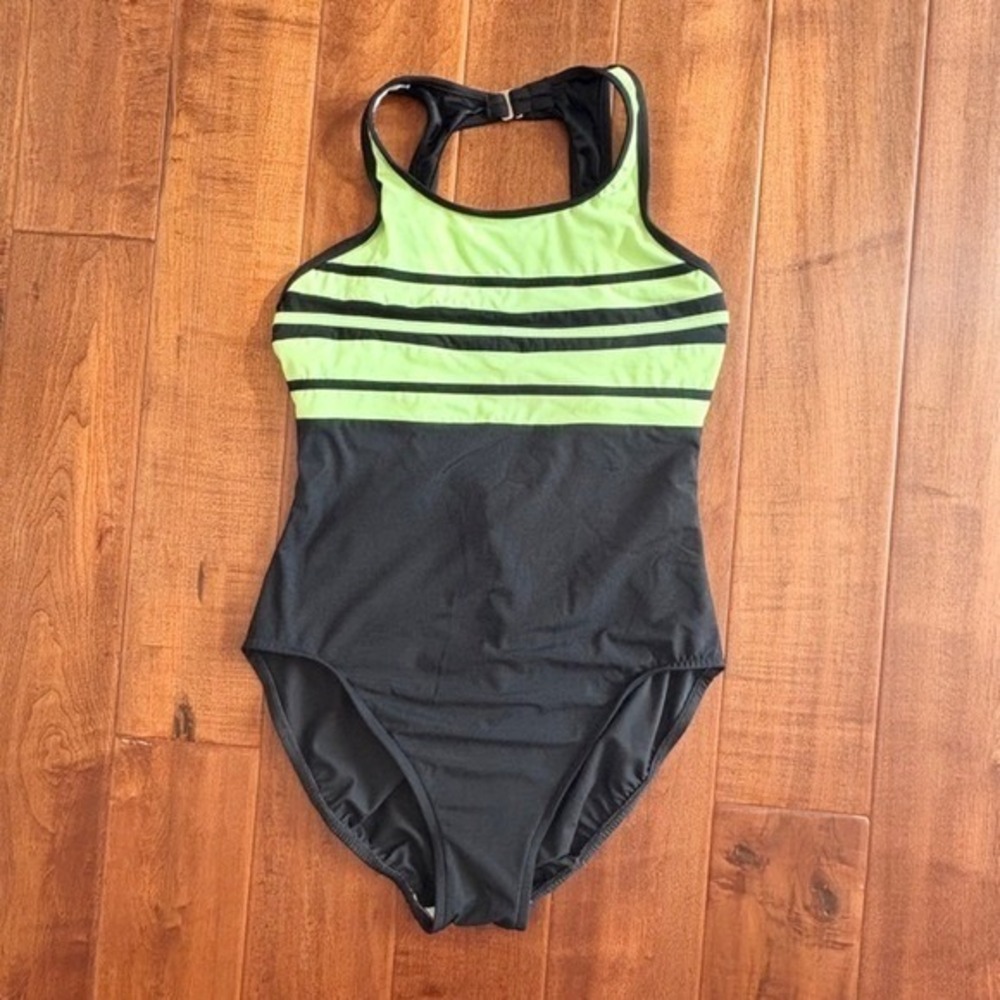 Miraclesuit Striped Colorblock One Piece Swimsuit 12 Black Lime Green